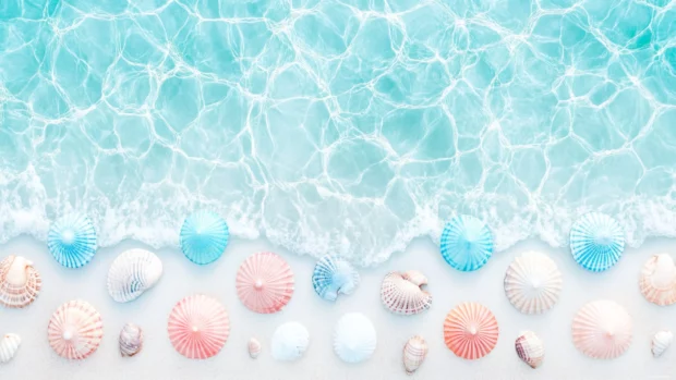 A geometric pattern inspired by beach elements, such as waves, umbrellas, and seashells.