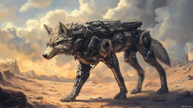 A giant armored wolf standing in a post apocalyptic desert.