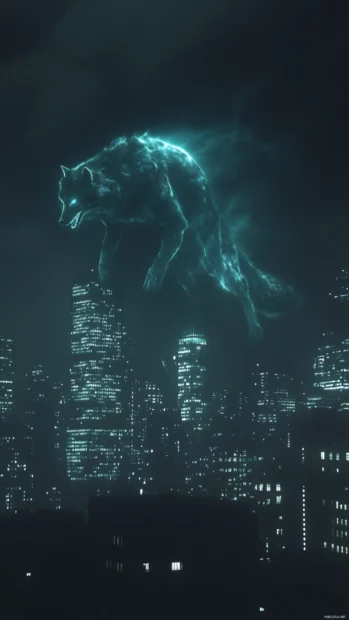 A giant glowing wolf emerging from a futuristic city skyline at night.