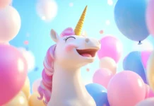 A giggling unicorn surrounded by floating pastel balloons.