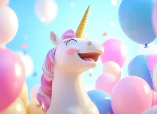 A giggling unicorn surrounded by floating pastel balloons.
