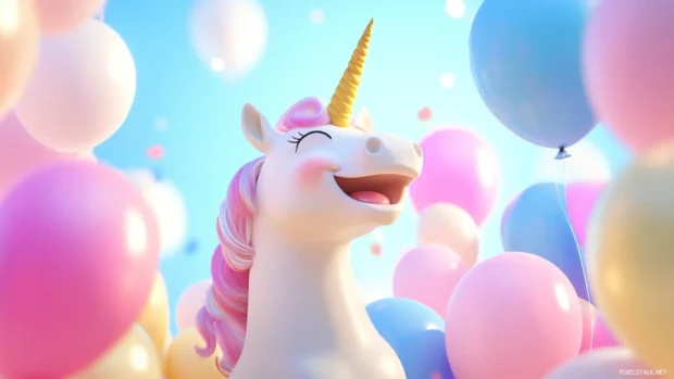 A giggling unicorn surrounded by floating pastel balloons.