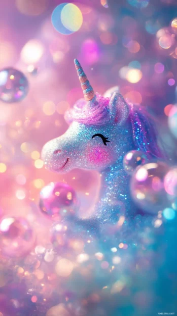A giggling unicorn with sparkles floating around in a dreamy cute unicorn wallpaper.
