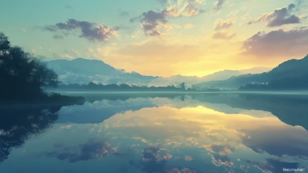 A glassy lake reflects every hue of the waking sky.