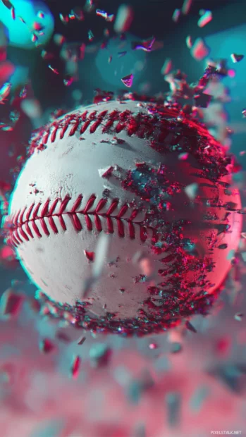 A glitch art baseball, distorted digital textures with pixelated fragments and RGB color shifts, creating a futuristic look.