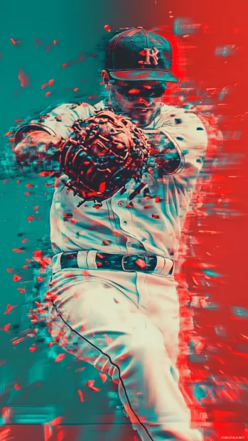 A glitch art baseball player, distorted pixel textures with RGB color shifts and fragmented motion effects.