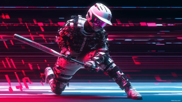 A glitch art baseball theme with pixel distortions, RGB color separation, and a futuristic cyber aesthetic.