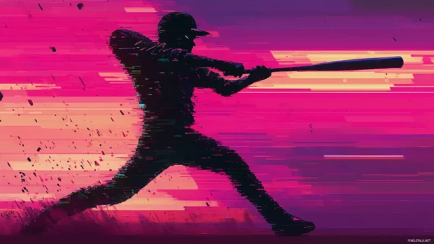 A glitch art baseball theme with pixel distortions, RGB color separation, and a futuristic cyber aesthetic.