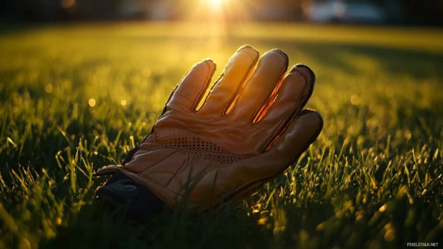 A glove catching the last rays of sunlight on the grass.