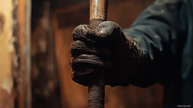 A gloved hand gripping a baseball bat at the ready.