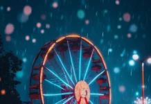 A glowing Ferris wheel in a vibrant amusement park at night, surrounded by sparkling lights and reflections on wet ground.