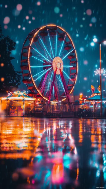 A glowing Ferris wheel in a vibrant amusement park at night, surrounded by sparkling lights and reflections on wet ground.
