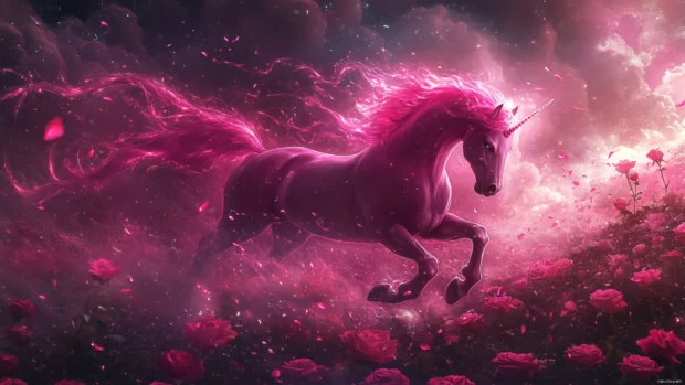 A glowing Pink Unicorn Wallpaper shows the creature galloping through a field of roses under twilight.