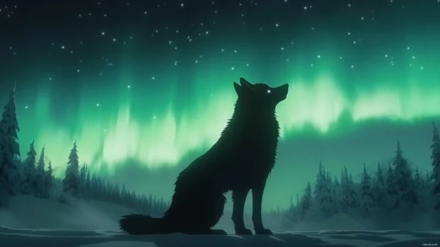A glowing anime wolf under the aurora.