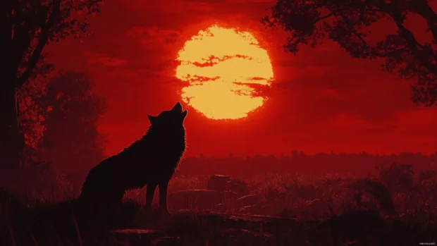 A glowing aura surrounds a black wolf howling at a crimson sky.