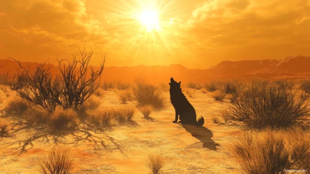 A glowing aura surrounds the howling wolf in a dreamlike desert scene.