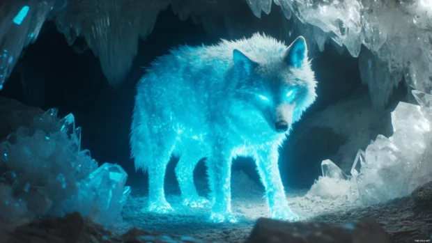 A glowing blue spectral wolf emerging from a cave of crystal.