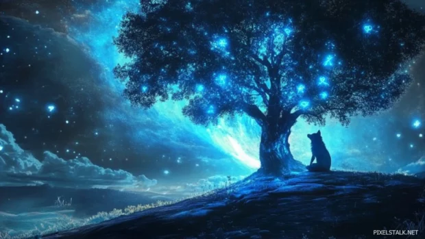 A glowing blue wolf meditating beneath an ancient tree glowing with runes.