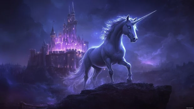 A glowing castle stands behind a unicorn in this fairy tale High Resolution Unicorn Wallpaper.