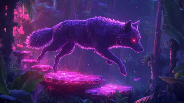 A glowing celestial wolf leaping between floating islands.