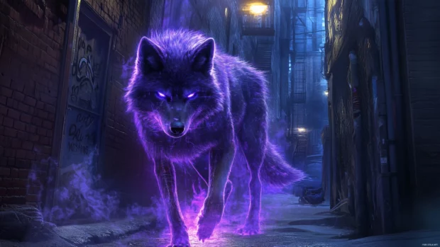 A glowing cyberpunk wolf with metallic fur in a neon lit alley.