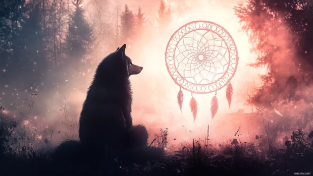 A glowing dreamcatcher moon floats above a sitting wolf surrounded by fog.