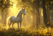 A glowing fantasy forest surrounds a unicorn in this Unicorn Wallpaper 4K scene.