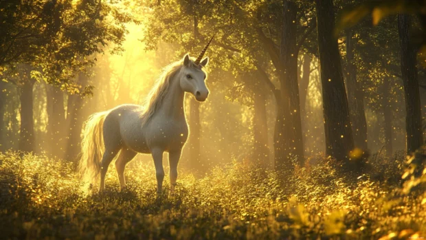 A glowing fantasy forest surrounds a unicorn in this Unicorn Wallpaper 4K scene.