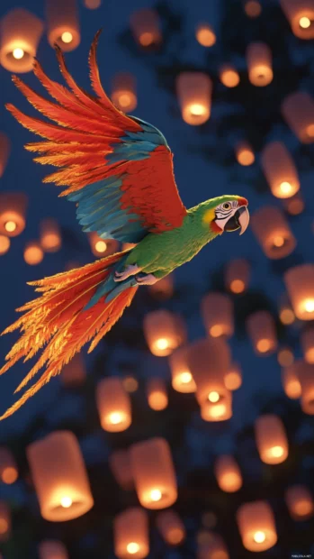 A glowing feathered parrot flying through a twilight sky with lanterns.