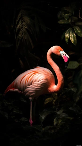A glowing flamingo captured against a dark jungle background, lit only by dappled sunlight.