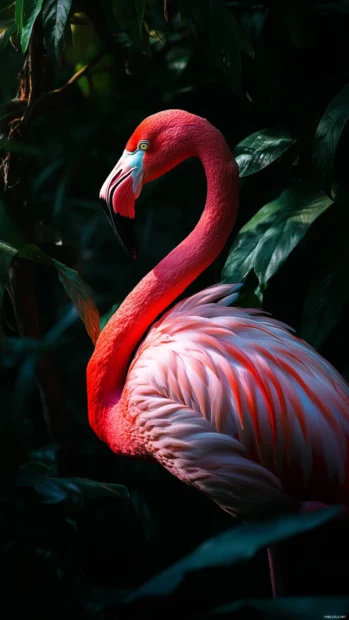 A glowing flamingo standing against a dark jungle, lit by dappled sunlight.