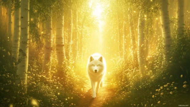 A glowing forest opens to a trail where a silver wolf walks slowly under light curtains.