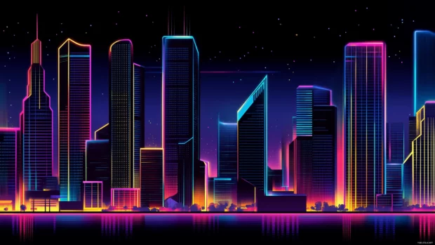 A glowing futuristic skyline, neon lights, high sleek structures at night.