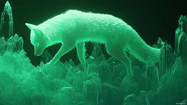 A glowing green wolf climbs a mountain made of shifting crystals.