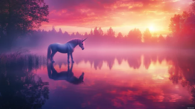 A glowing lake reflects the unicorn in this surreal unicorn wallpaper 4K scene.