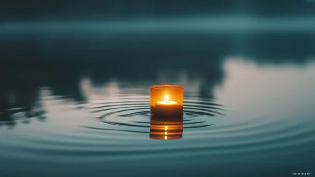 A glowing lantern floating in a calm lake at twilight, with subtle ripples reflecting the light.