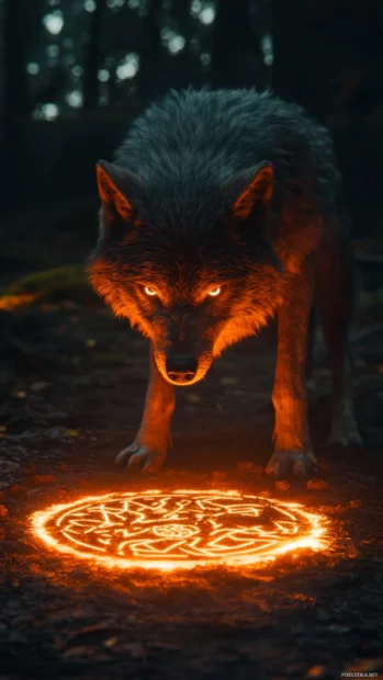 A glowing magical circle appears beneath a growling wolf as runes light up.
