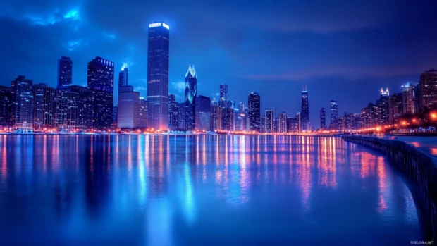 A glowing metropolis featured in this city nights wallpaper for PC.