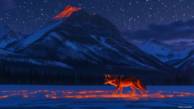 A glowing mountain backdrop and a wolf walking along starlit snow trails create a perfect night sky wolf wallpaper.
