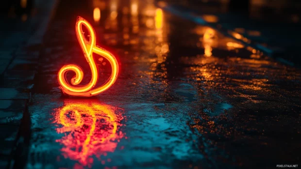 A glowing neon sign in the shape of a treble clef, illuminating a dark urban street at night, with reflections on the wet pavement.