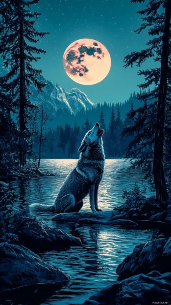 A glowing night themed illustration of a howling wolf.