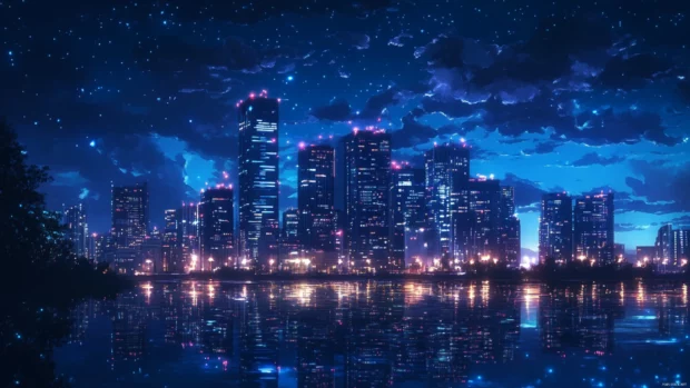 A glowing nightscape with downtown city lights highlighting the skyline.