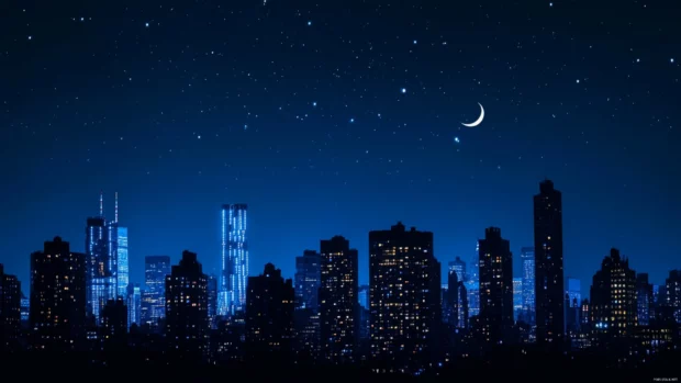 A glowing nightscape with metropolitan nightscape highlighting the skyline.