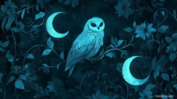 A glowing owl framed by crescent moons and dark floral textures in midnight tones.