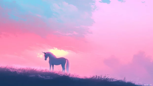 A glowing pastel sky shines behind the unicorn in this magical Unicorn Wallpaper screens.