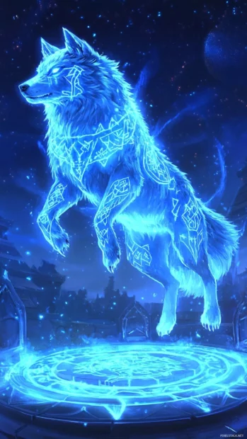 A glowing rune covered wolf floating above a ritual circle.