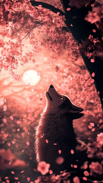 A glowing silhouette of a howling wolf surrounded by falling sakura petals at night.