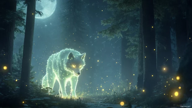 A glowing spirit wolf walks through a moonlit forest surrounded by fireflies.