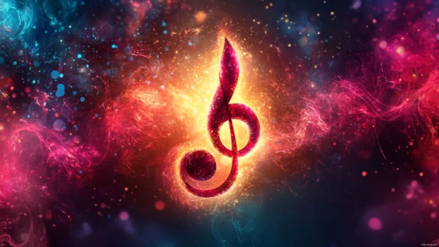 A glowing treble clef surrounded by waves of color.