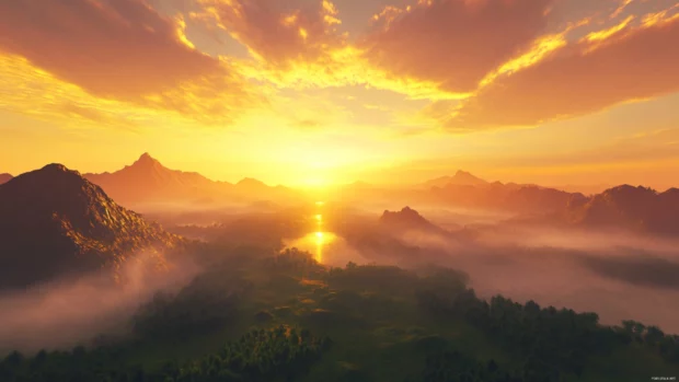 A glowing valley under a beautiful sunrise background.